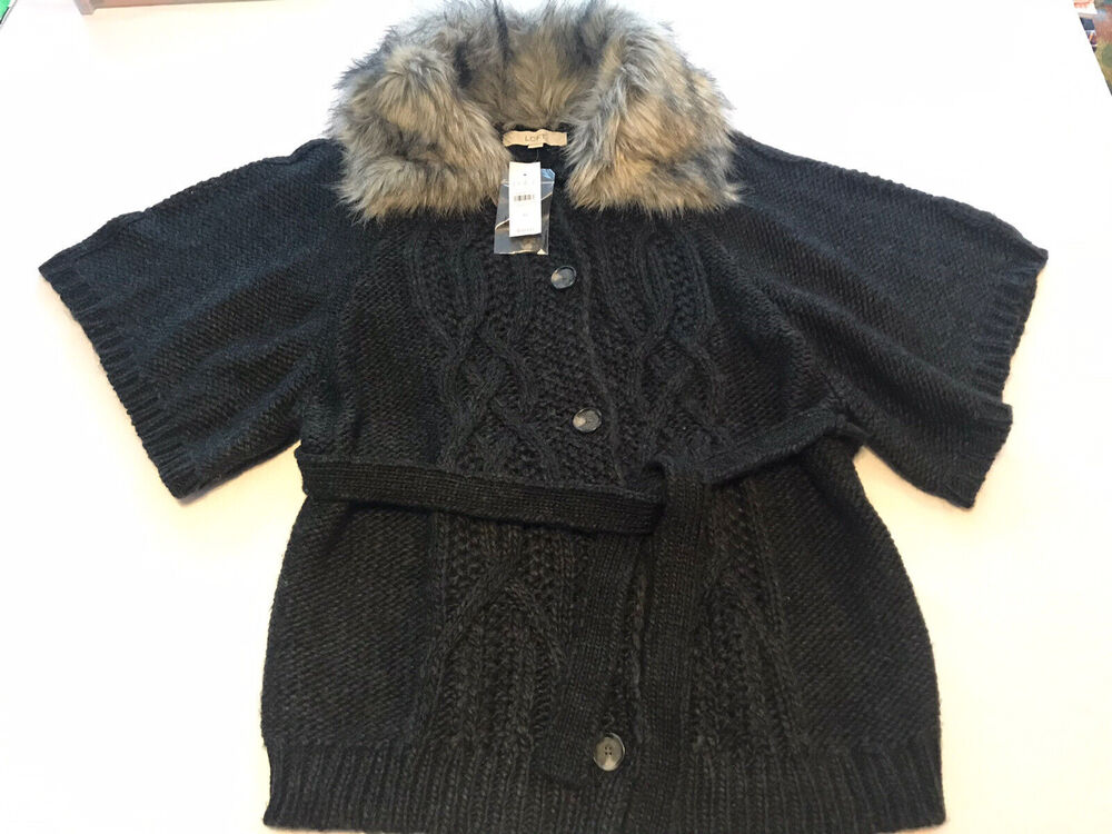 Loft Dark Gray Belted Cardigan Sweater Wool Alpaca Blend Faux Fur Collar Sz M